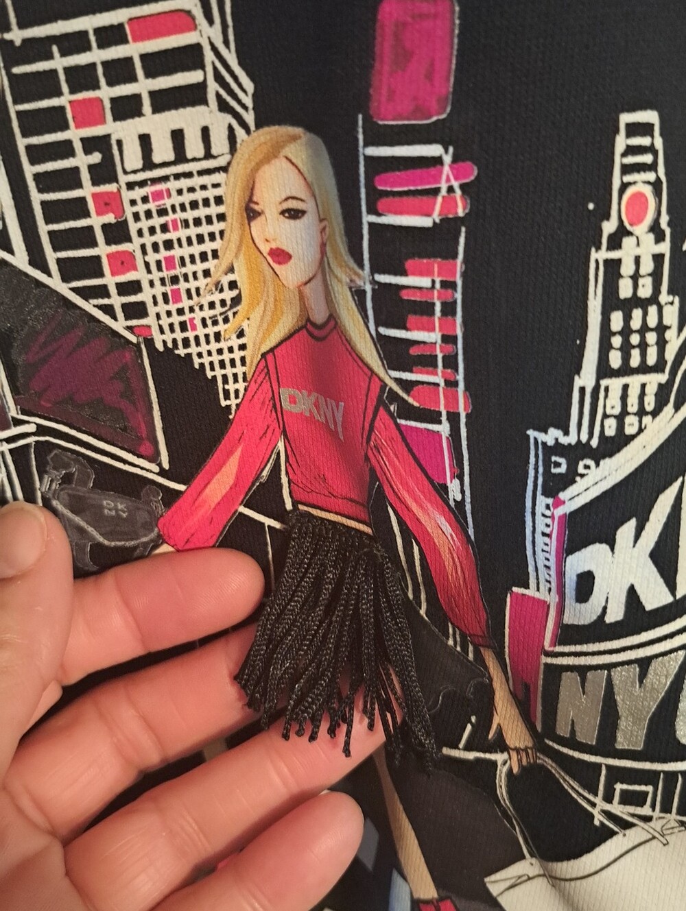 🖤 DKNY NYC Whimsical Fringe Graphic Sweatshirt | Size Large - Picture 2 of 5